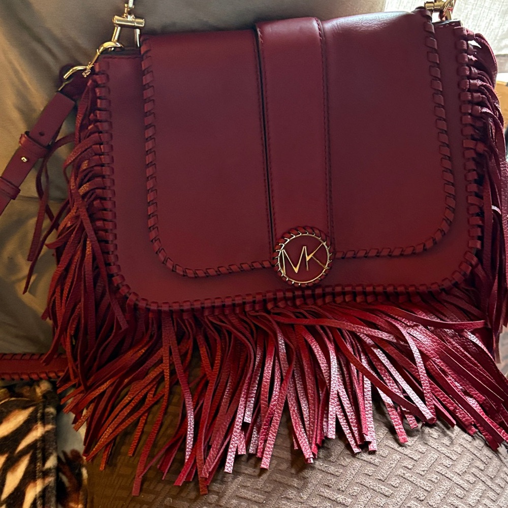 Michael Kors Wine Red Fringe Leather Shoulder Bag